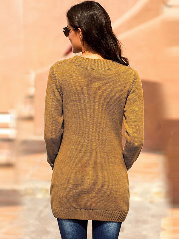 Khaki Knit Midi Cardigans with Pockets