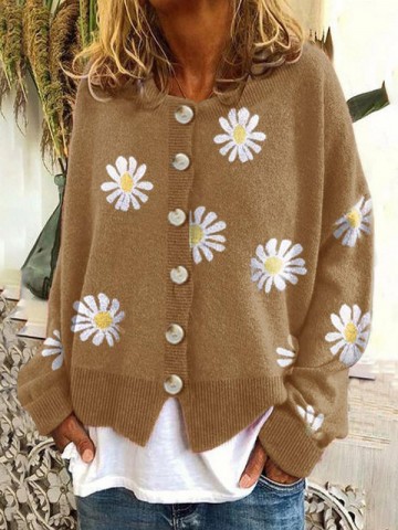Khaki Daisy Patterned Cardigan