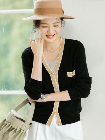 Black Color Block Long Sleeves Knitted Cardigan