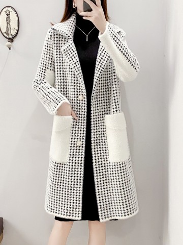 White Midi Knit Cardigan With Black Plaid