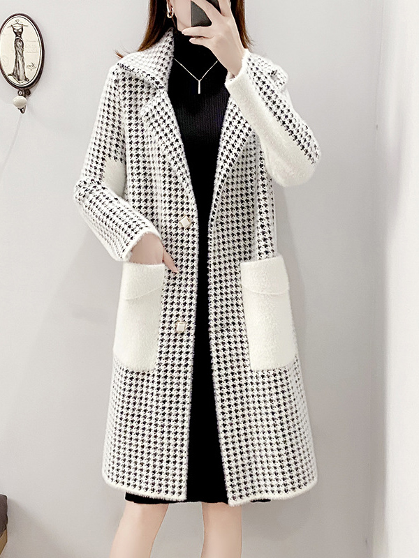 White Midi Knit Cardigan With Black Plaid