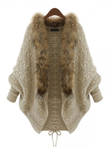 White Fur Collar Heavy Knit Cardigan