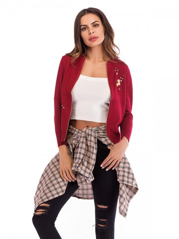Red Embroidery Knit Bomber Cardigan