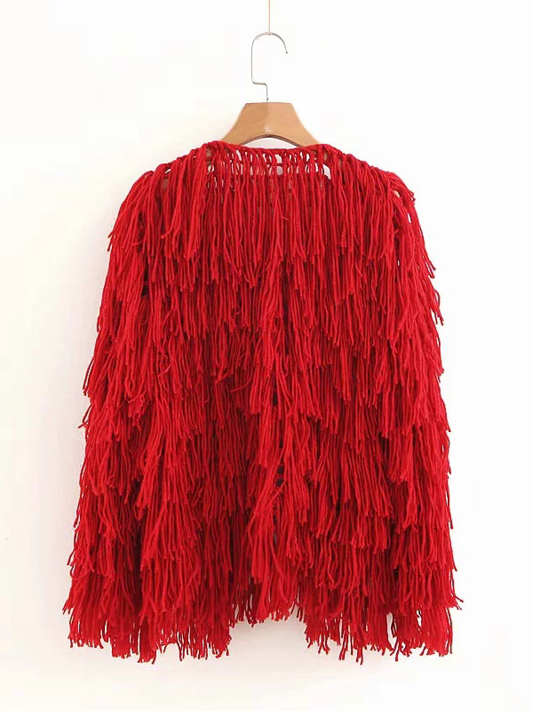 Red Handwork Tassel Knit Cardigan