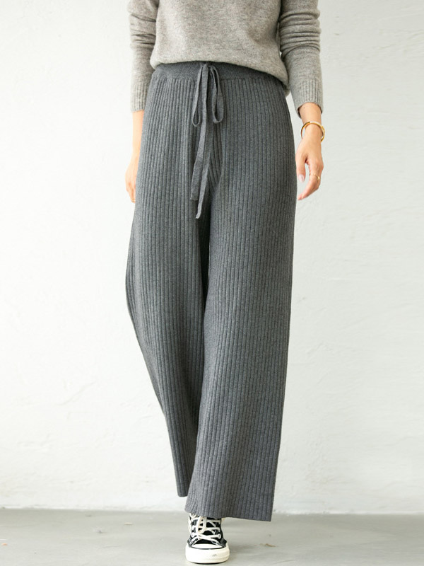 Grey Ribbed Wide Leg Knit Pants