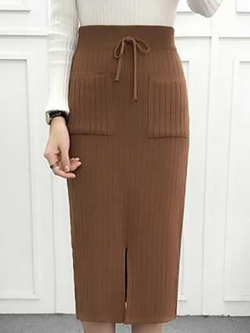 Khaki Front Split Design Knitted Skirts
