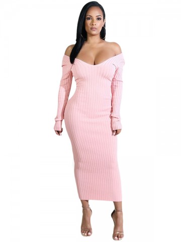 Pink Deep V-Neck Knitted Maxi Dress