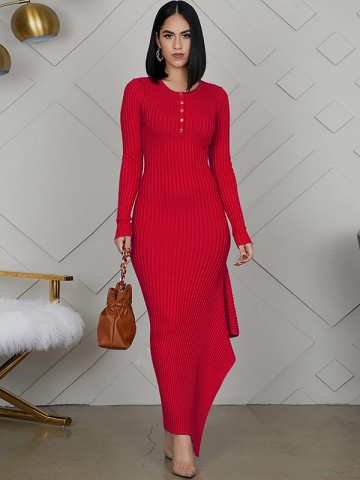 Red Round Neck Asymmetrical Maxi Dress 