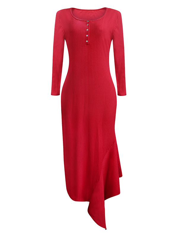 Red Round Neck Asymmetrical Maxi Dress