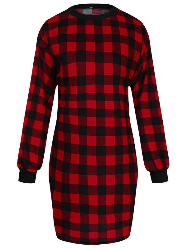 Check Knitted Dress in Red & Black