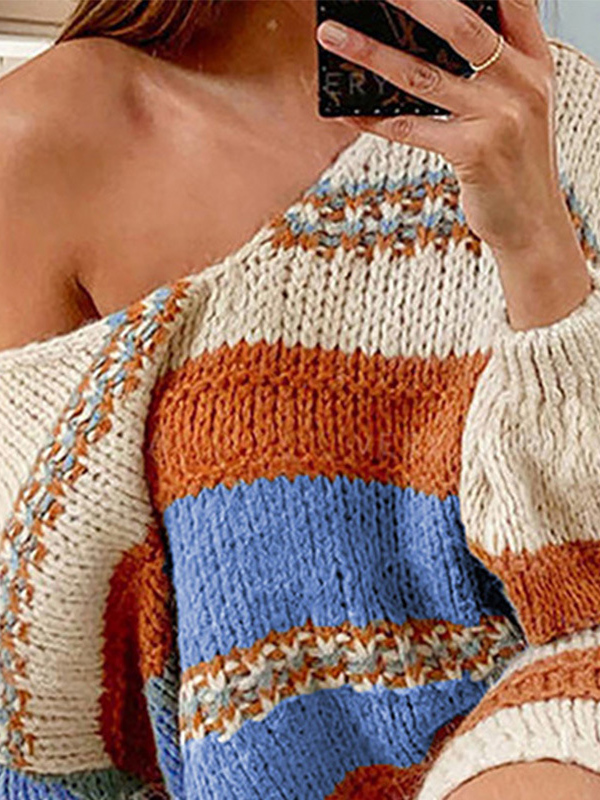 Deep V-neck Striped Sweater Dress in Multicolor