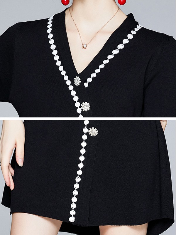 Black V-neck Knit Dress with Embroidery Trim