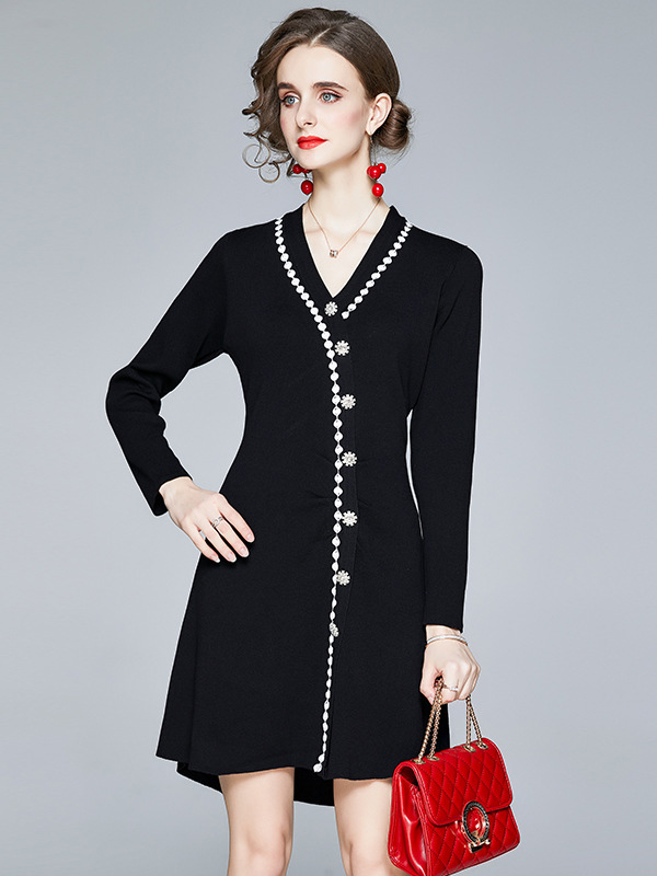 Black V-neck Knit Dress with Embroidery Trim