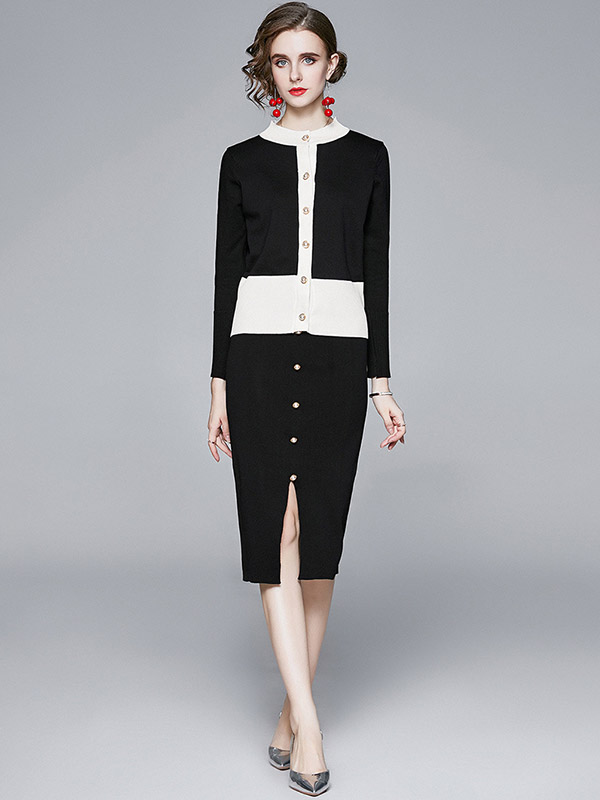 Black Color Block Knit Dress Set
