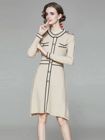 Apricot Round Neck Check Knit A-line Dress 