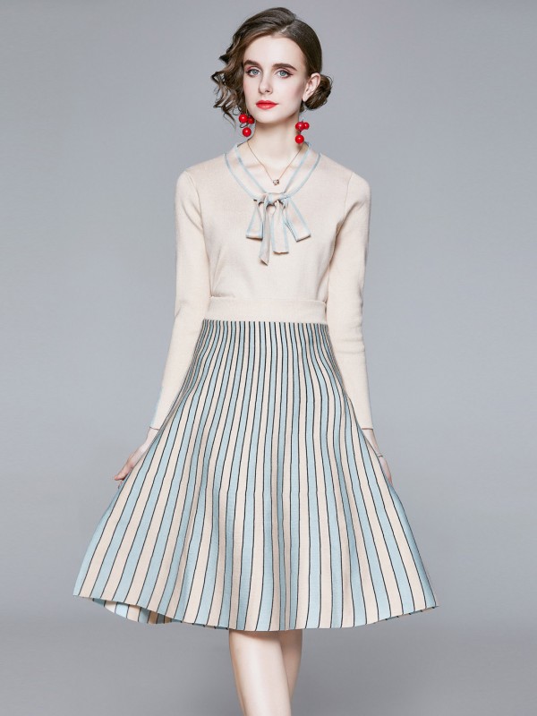 Khaki Striped Knit Top & Skirt