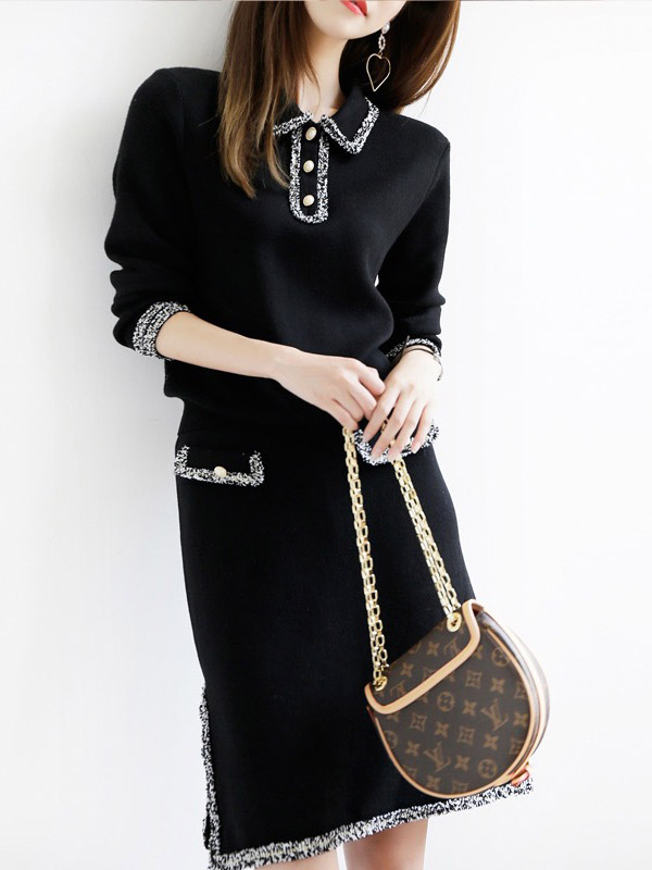 Black Point Collar Knit Top and Skirt