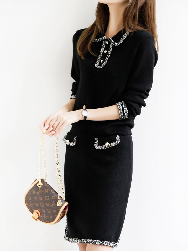 Black Point Collar Knit Top and Skirt