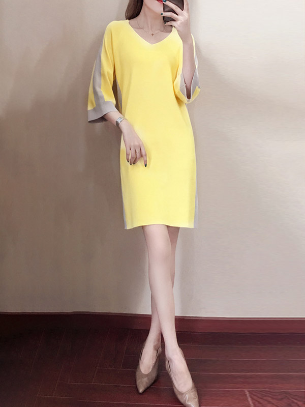 Yellow Color Block Knit Shift Dress