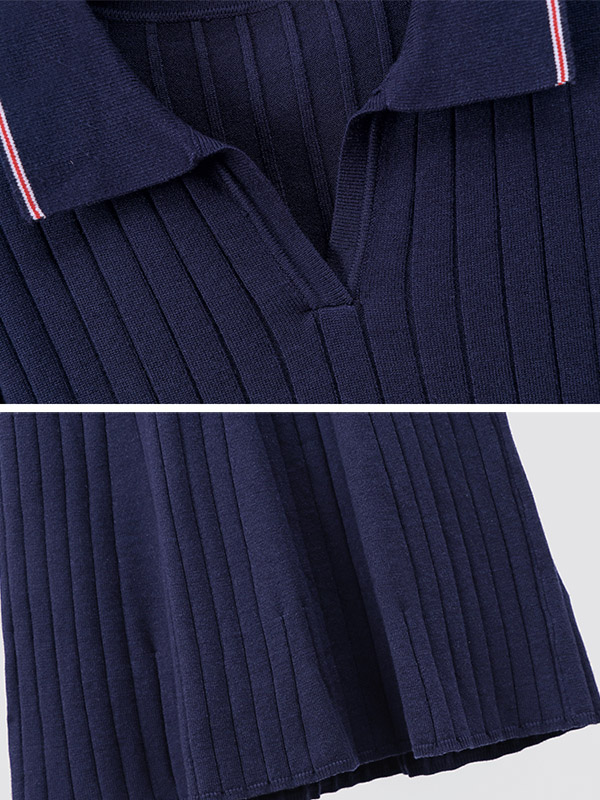 Navy Blue Point Collar Knit Dress in Stripe Detail