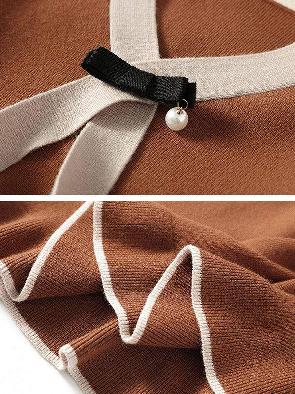 Brick Red Knit A-line Dress in Ribbon Detail