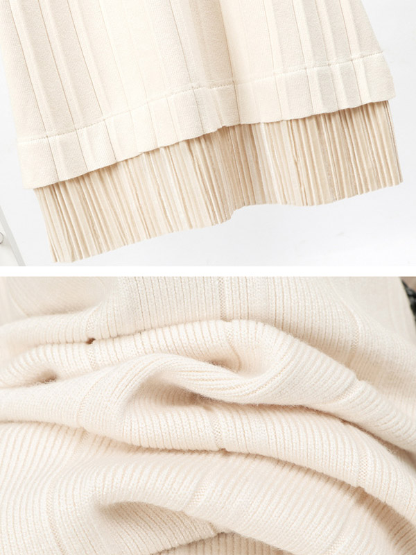 Apricot Knit A-line Pleated Dress in Ruffle Detail