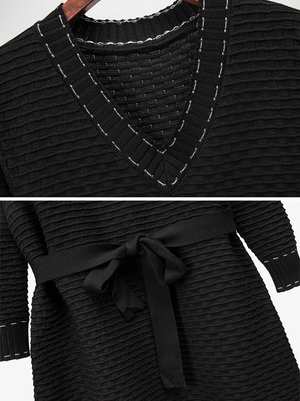 Black V- Neck Tie Waist Knit Dress 