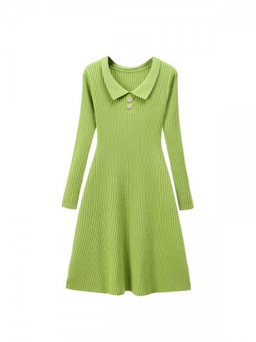 Green Ribbed Polo Knitted Dress
