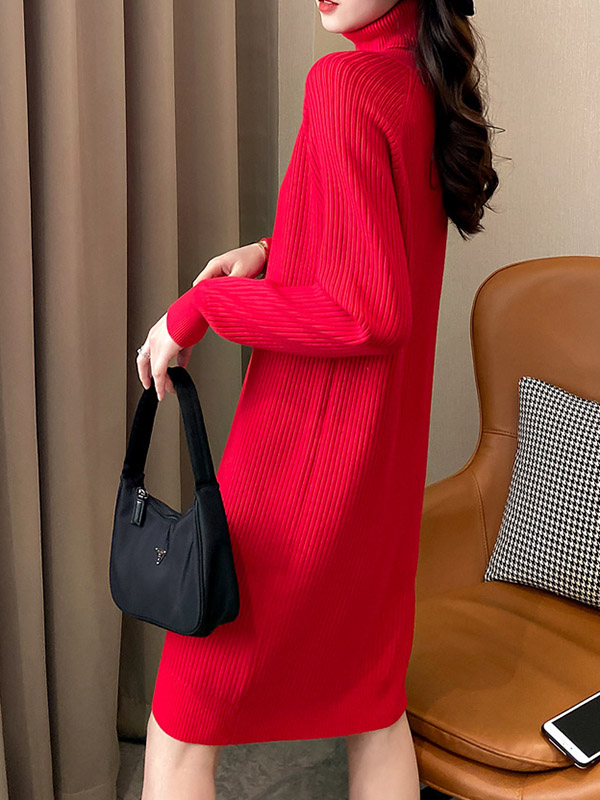 Red Roll Neck Ribbed Shift Knitted Dress