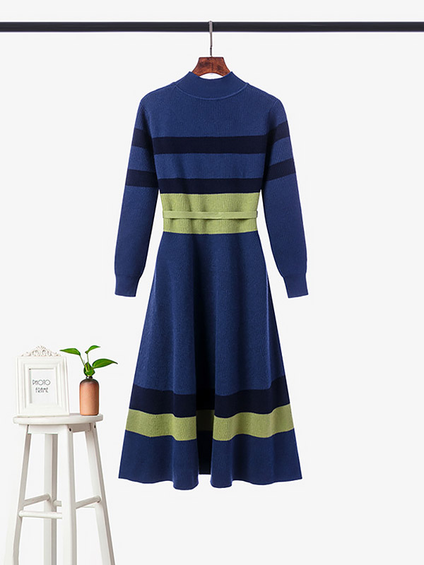 Dark Blue Striped Knitted Midi Dress in Color Block