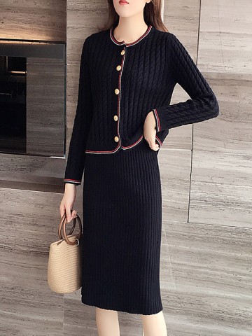 Black Cable Cardigan and Pencil Skirt