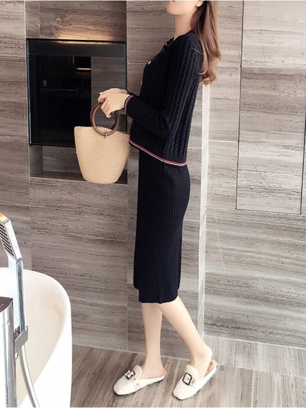 Black Cable Cardigan and Pencil Skirt