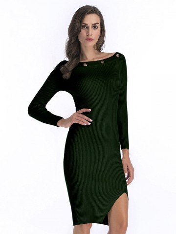 Green Boat Neck Ribbed Style Split Dress