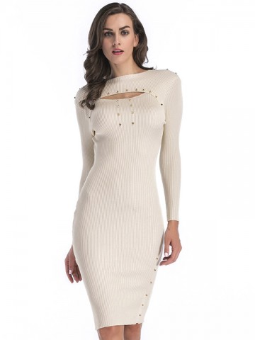 Apricot Ribbed Bodycon Knitted Dress with Rivet Detail