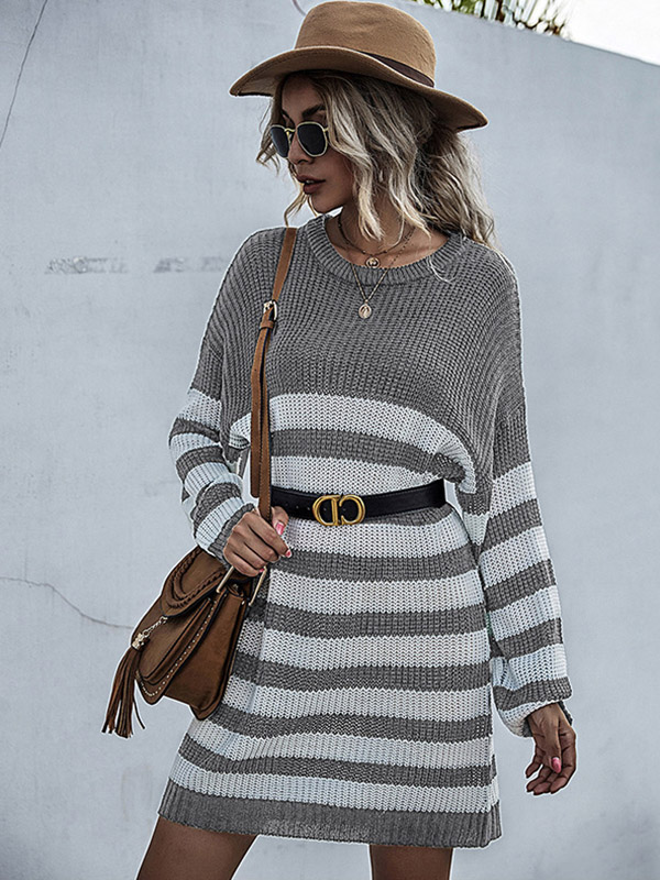 Grey Round Neck Stripped Knitted Dress