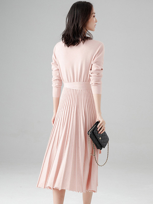 Pink Wrap Style Tie Waist Knitted Pleated Dress