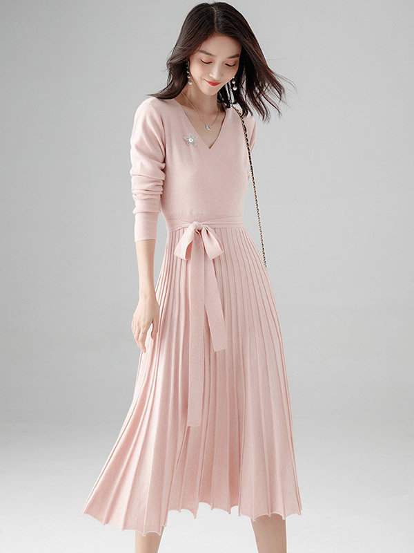 Pink Wrap Style Tie Waist Knitted Pleated Dress