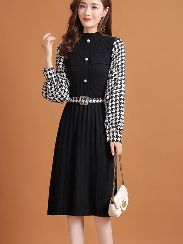 Black Lattern Sleeve Houndstooth Print Knitted Dress