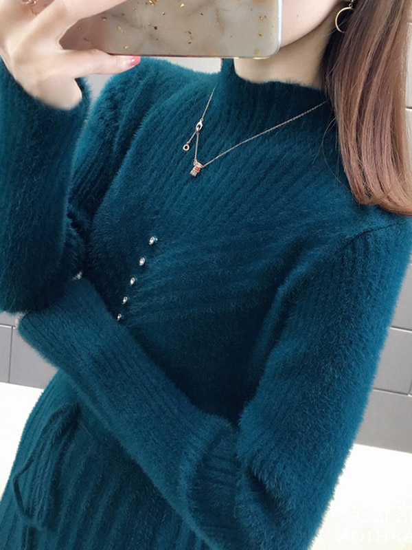 Blue Stand Collar Tie Waist Midi Dress