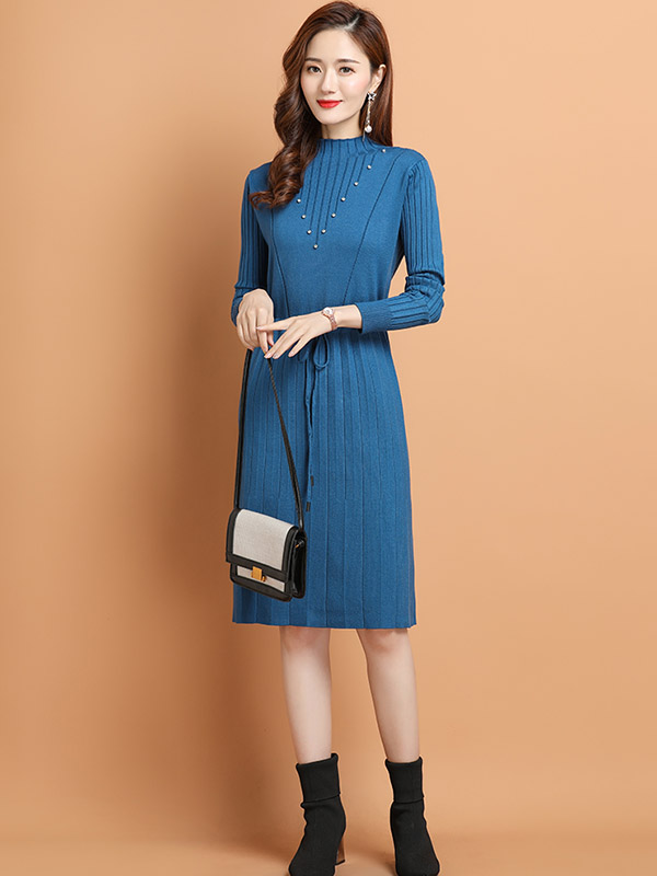 Blue Tie Waist Midi Dress with Rhinestone Decoration