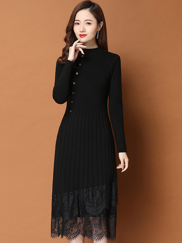 Black Stand Collar Knit Midi Dress with Lace Hem 