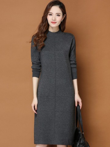Dark Grey Round Neck Shift Split Knit Dress