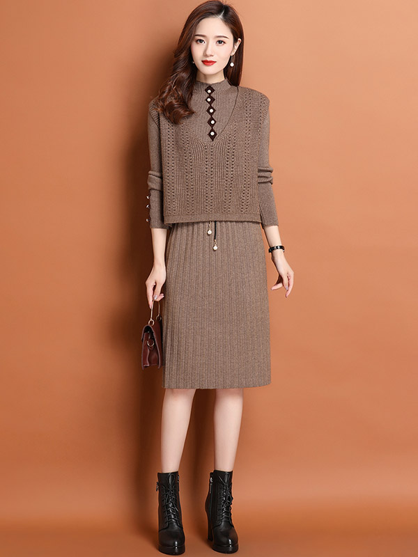 Khaki A-line Knit Dress with Vest Top