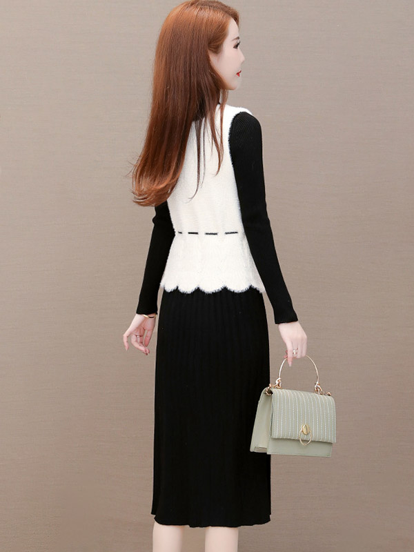 Black A-line Knit Dress with White Vest Top