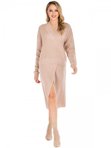 Khaki V Neck Sweater & Midi Dress 2 Piece Set