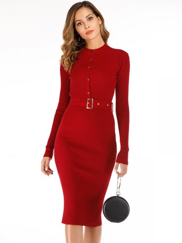 Burgundy Round Neck Belted Waist Midi Dress