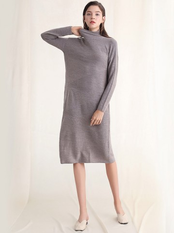 Grey Roll Neck Shift Knitted Dress