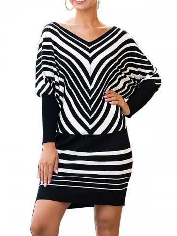 White V Stripe Loose Knitted Dresses With Cape Sleeves