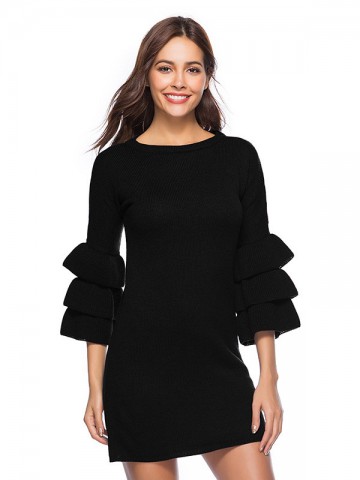 Black Flared Sleeves Solid Color Knit Dresses