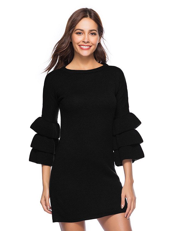 Black Flared Sleeves Solid Color Knit Dresses